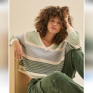 Altar'd State Elise Striped V-Neck Sweater - Green, Cream, Blue